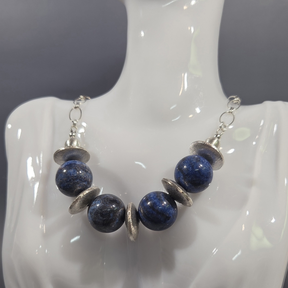 Genuine Heavy Solid Sterling Silver & Lapis Lazuli Artisan Handcrafted Necklace